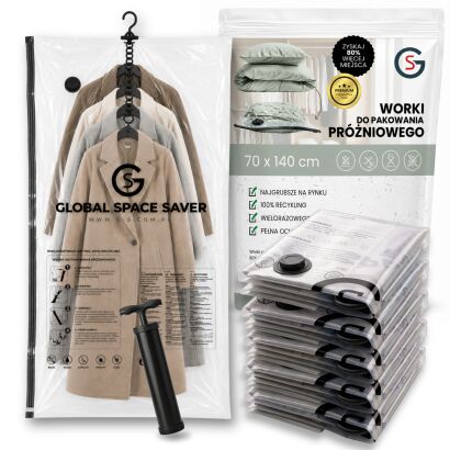 WORKI PRÓŻNIOWE WISZĄCE 140 x 70 CM ZESTAW 5 SZTUK + POMPKA GRATIS, NA UBRANIA, KURTKI, BLUZY, GARNITURY, DO SZAFY, GARAŻU, PIWNICY, NA STRYCH MOCNE GRUBE