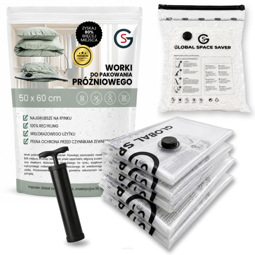 WORKI PRÓŻNIOWE 60 x 50 CM ZESTAW 5 SZTUK + POMPKA GRATIS, NA UBRANIA, KOCE, POŚCIEL DO SZAFY, GARAŻU, PIWNICY, NA STRYCH MOCNE GRUBE
