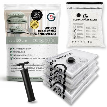 WORKI PRÓŻNIOWE 100 x 70 CM ZESTAW 5 SZTUK + POMPKA GRATIS, NA UBRANIA, KOCE, POŚCIEL DO SZAFY, GARAŻU, PIWNICY, NA STRYCH MOCNE GRUBE
