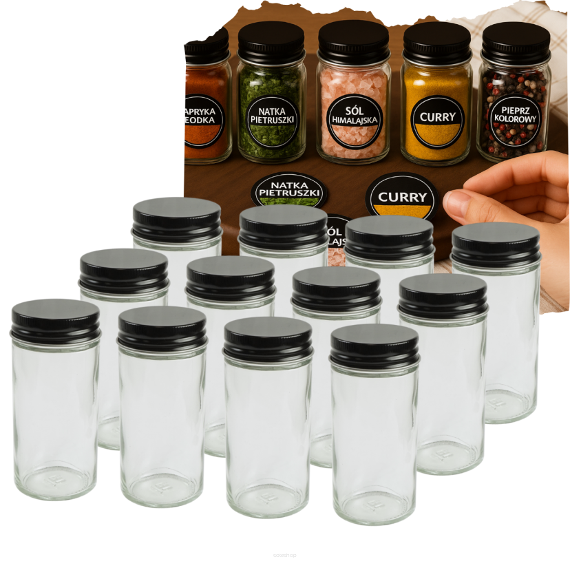 Zestaw 12 okrągłych słoiczków 120 ml na przyprawy do kuchni