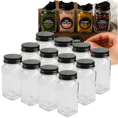 Zestaw 12 kwadratowych słoiczków 120 ml na przyprawy do kuchni