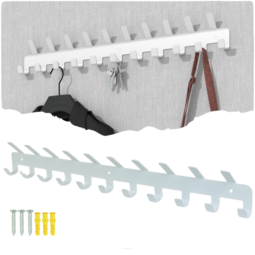 Wieszak 600 mm z 21 uchwytami, haczykami, kolor biały przykręcany