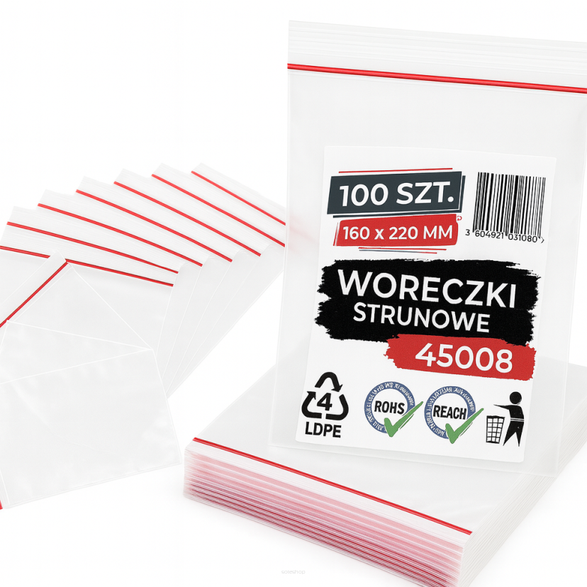 Woreczki strunowe 100 sztuk, mocne torebki zamykane 160x 220mm, grube 50 mic