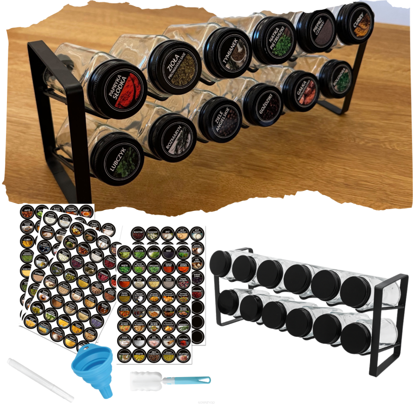 Stojak na przyprawy - zestaw 12 kwadratowych słoiczków 120 ml na przyprawy do kuchni wraz ze stojakiem i naklejkami