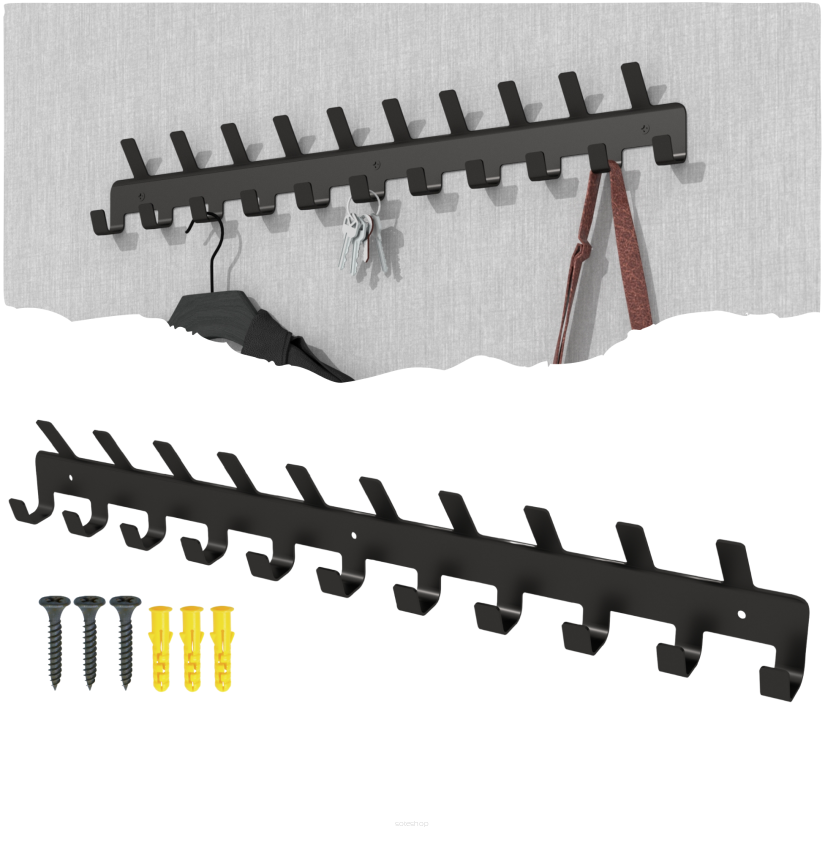 Wieszak 600 mm z 21 uchwytami, haczyk, kolor czarny przykręcany