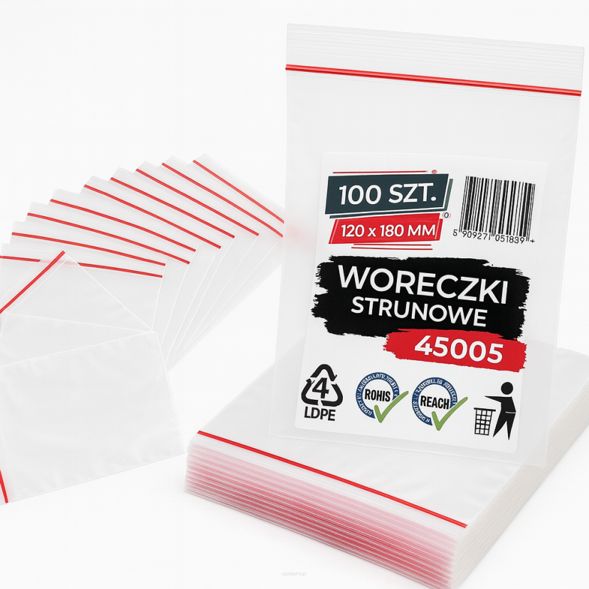 Woreczki strunowe 100 sztuk, mocne torebki zamykane 120 x 180 mm, grube 50 mic