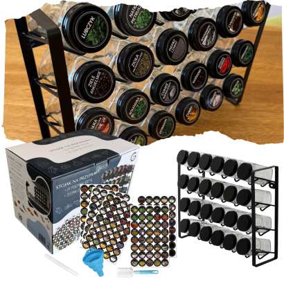 Stojak na przyprawy - zestaw 24 kwadratowych słoiczków 120 ml na przyprawy do kuchni wraz ze stojakiem