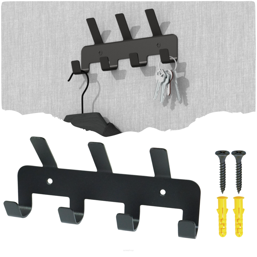 Wieszak 194 mm z 7 uchwytami, haczykami, kolor czarny przykręcany