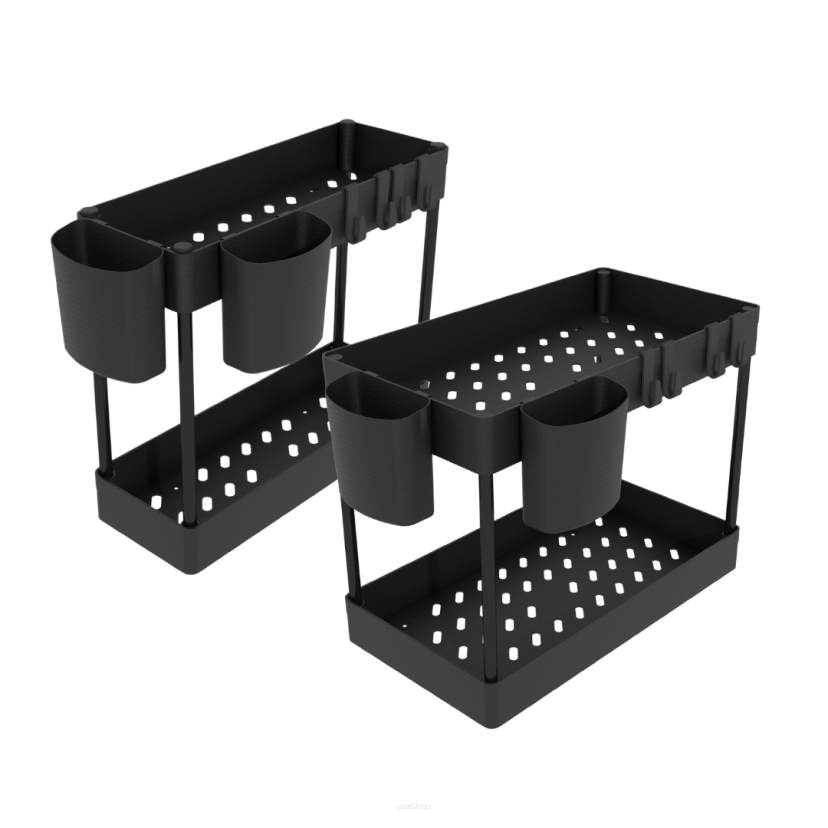 Zestaw 2 organizerów 2 poziomy do kuchni czarny, pod szafkę + 4 kubki i 8 haczyki