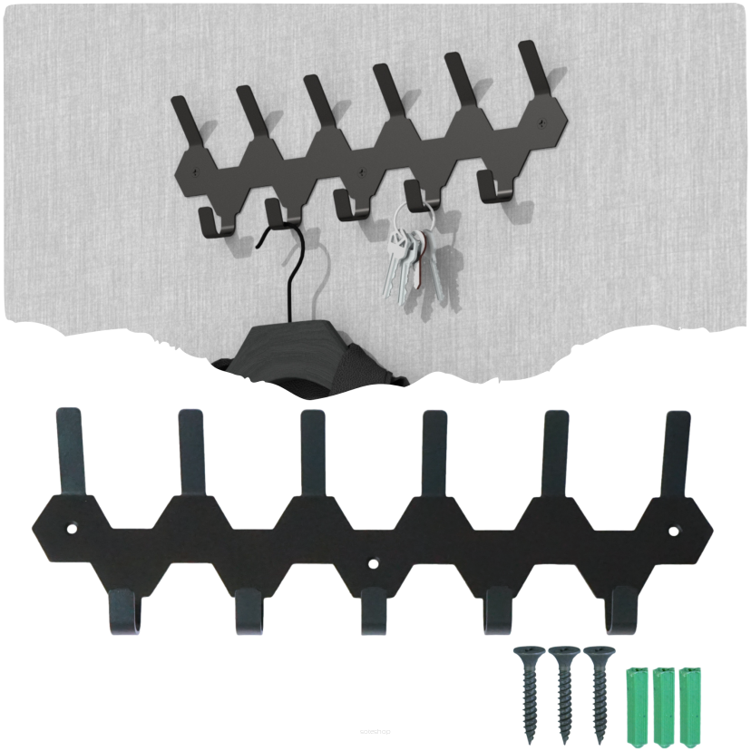 Wieszak 340 mm z 11 uchwytami, haczyk, kolor czarny przykręcany