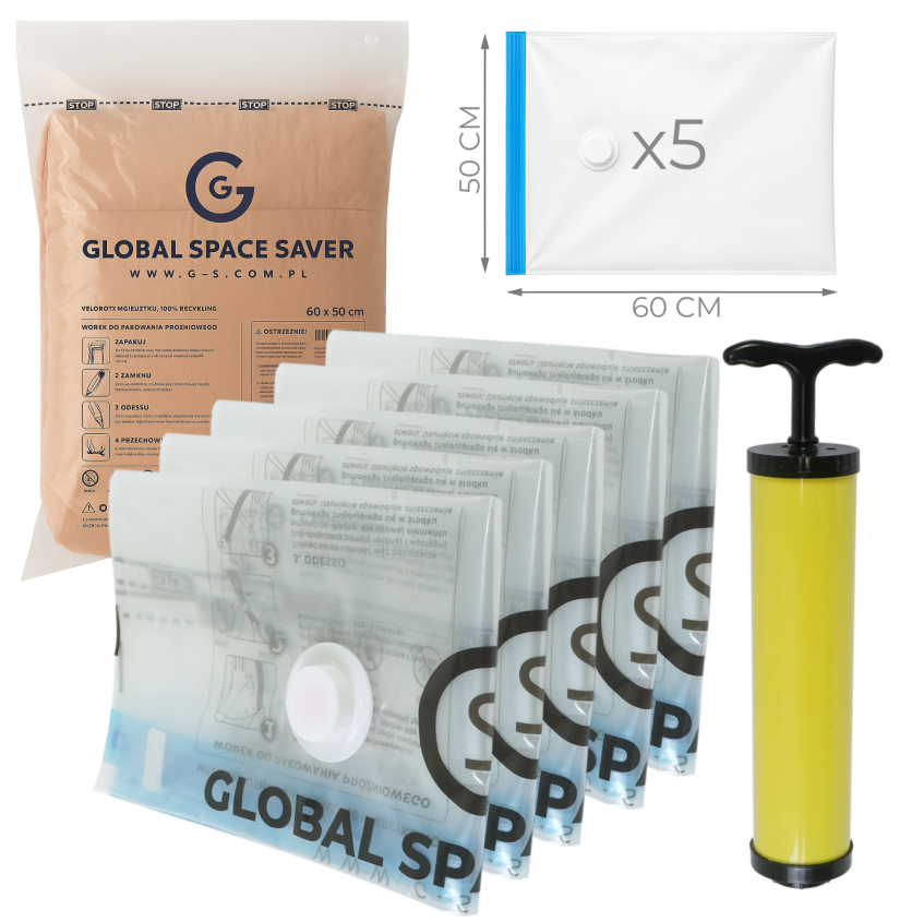 WORKI PRÓŻNIOWE 60 x 50 CM ZESTAW 5 SZTUK + POMPKA GRATIS, NA UBRANIA, KOCE, POŚCIEL DO SZAFY, GARAŻU, PIWNICY, NA STRYCH MOCNE GRUBE