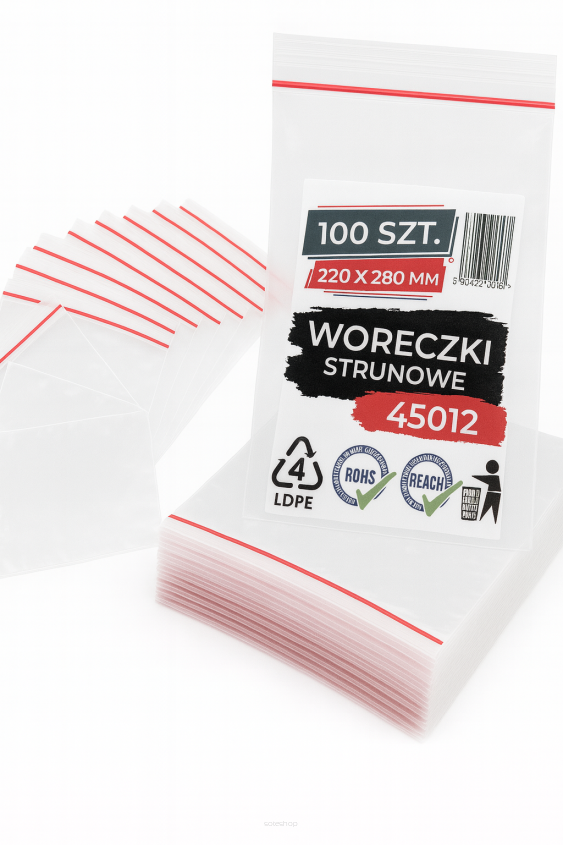 Woreczki strunowe 100 sztuk, mocne torebki zamykane 220 x 280 mm, grube 50 mic
