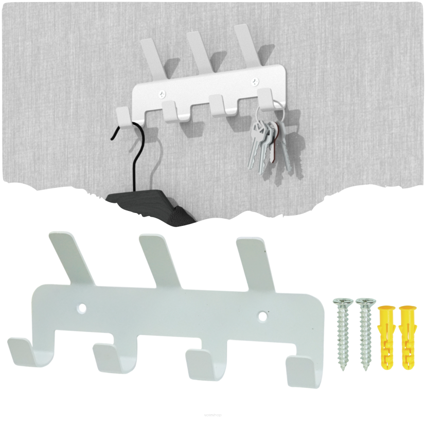 Wieszak 194 mm z 7 uchwytami, haczykami, kolor biały przykręcany
