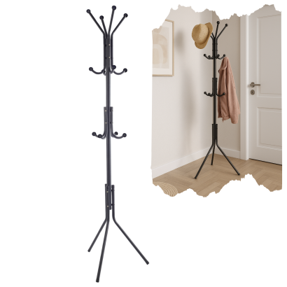 Wieszak stojący na ubrania metalowy w kolorze czarnym na 12 haczyków
