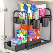 Organizer 2 poziomy do kuchni czarny, pod szafkę z 1 szufladą + 2 kubki i 4 haczyki - 4