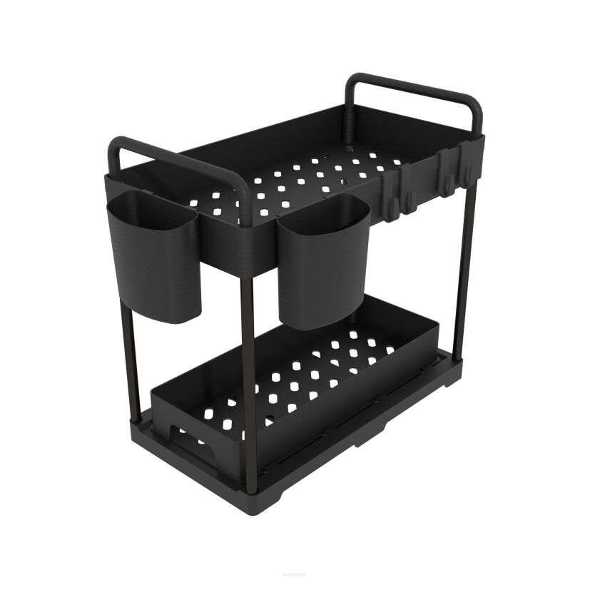 Organizer 2 poziomy do kuchni czarny, pod szafkę z 1 szufladą + 2 kubki i 4 haczyki