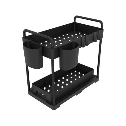 Organizer 2 poziomy do kuchni czarny, pod szafkę z 1 szufladą + 2 kubki i 4 haczyki