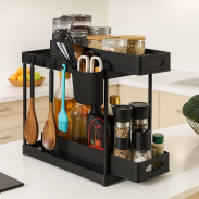 Organizer 2 poziomy do kuchni czarny, pod szafkę z 2 szufladami + 2 kubki i 4 haczyki - 4
