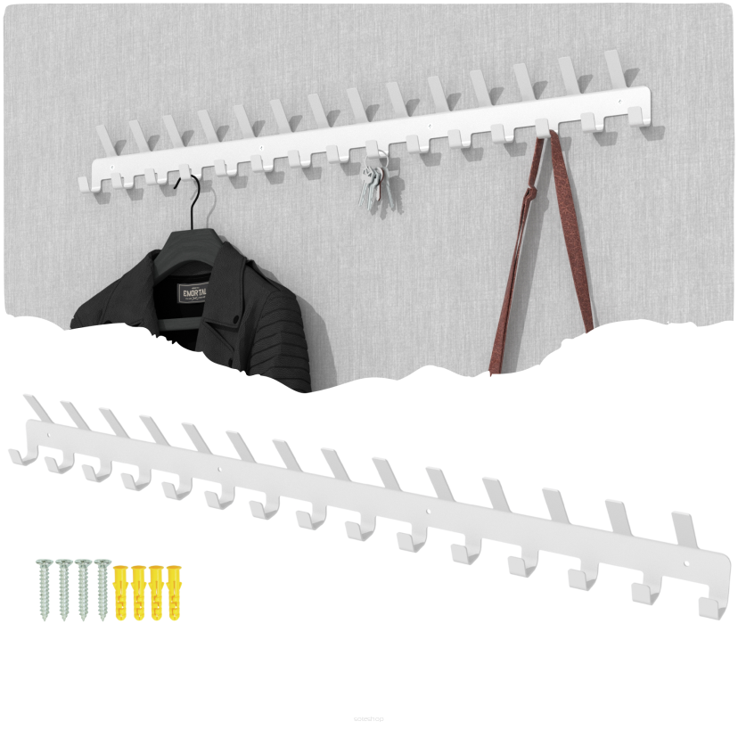 Wieszak 828 mm z 29 uchwytami, haczykami, kolor biały przykręcany