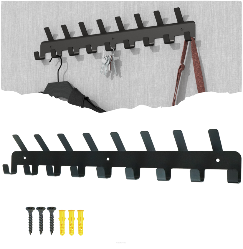 Wieszak 484 mm z 17 uchwytami, haczyk, kolor czarny przykręcany