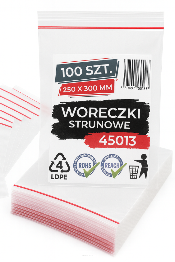 Woreczki strunowe 100 sztuk, mocne torebki zamykane 250 x 300 mm, grube 50 mic