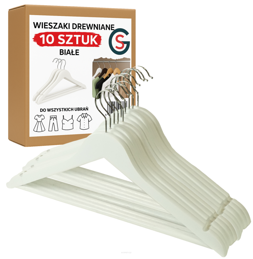 WIESZAK DREWNIANY BIAŁY NA UBRANIA ZESTAW  X10 WIESZAKI DREWNIANE