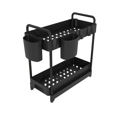 Organizer 2 poziomy do kuchni czarny, pod szafkę z 1 szufladą + 2 kubki i 4 haczyki