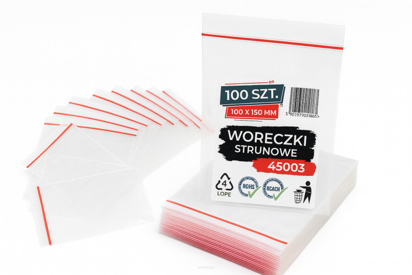 Woreczki strunowe 100 sztuk, mocne torebki zamykane 100 x 150 mm, grube 50 mic