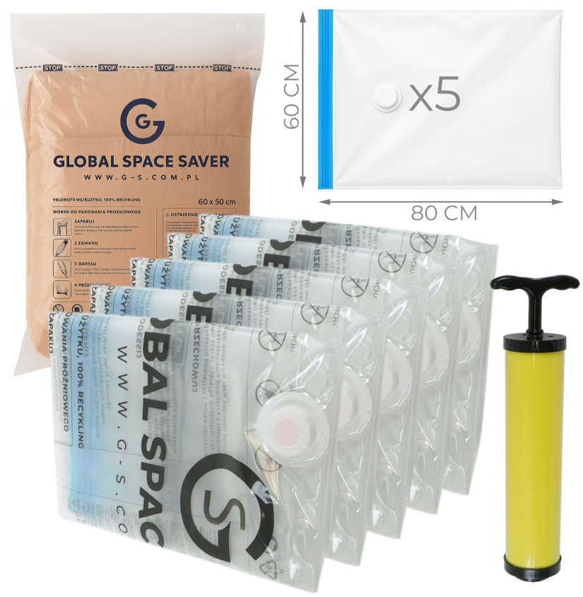 WORKI PRÓŻNIOWE 80 x 60 CM ZESTAW 5 SZTUK + POMPKA GRATIS, NA UBRANIA, KOCE, POŚCIEL DO SZAFY, GARAŻU, PIWNICY, NA STRYCH MOCNE GRUBE