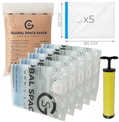 WORKI PRÓŻNIOWE 80 x 60 CM ZESTAW 5 SZTUK + POMPKA GRATIS, NA UBRANIA, KOCE, POŚCIEL DO SZAFY, GARAŻU, PIWNICY, NA STRYCH MOCNE GRUBE