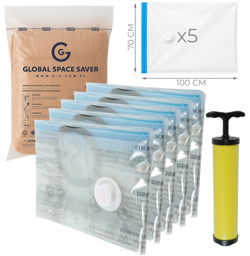 WORKI PRÓŻNIOWE 100 x 70 CM ZESTAW 5 SZTUK + POMPKA GRATIS, NA UBRANIA, KOCE, POŚCIEL DO SZAFY, GARAŻU, PIWNICY, NA STRYCH MOCNE GRUBE