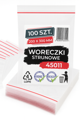 Woreczki strunowe 100 sztuk, mocne torebki zamykane 200 x 300 mm, grube 50 mic